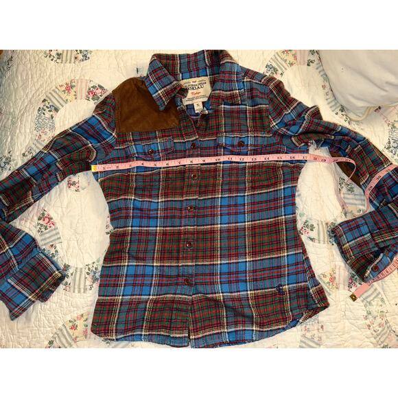 VINTAGE SUPER SOFT PLAID FLANNEL FITTED SHIRT WITH FAUX SUEDE PATCHES S - Picture 4 of 8